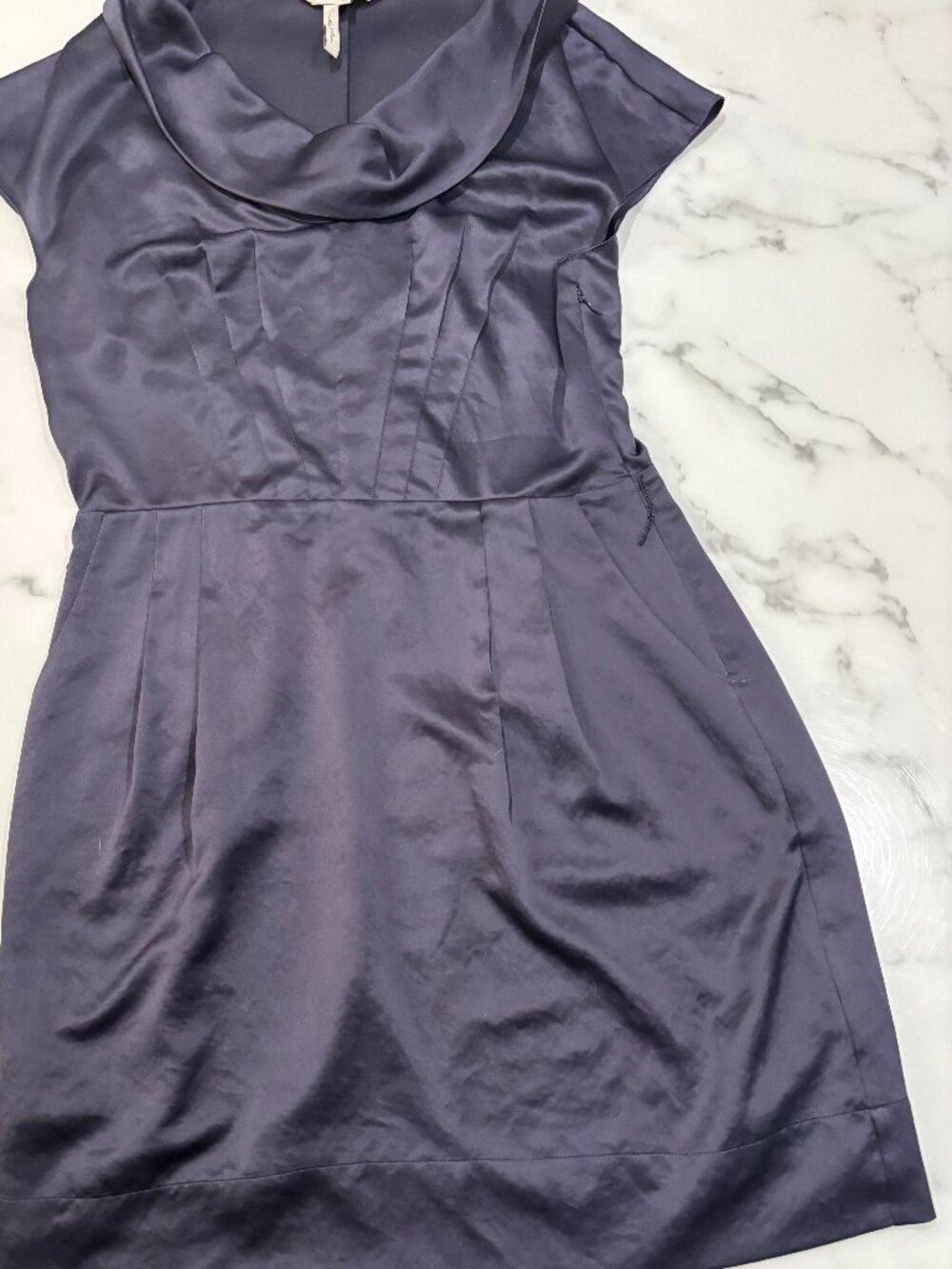 BCBGeneration satin cocktail dress in a beautiful slate navy — elegant  construc
